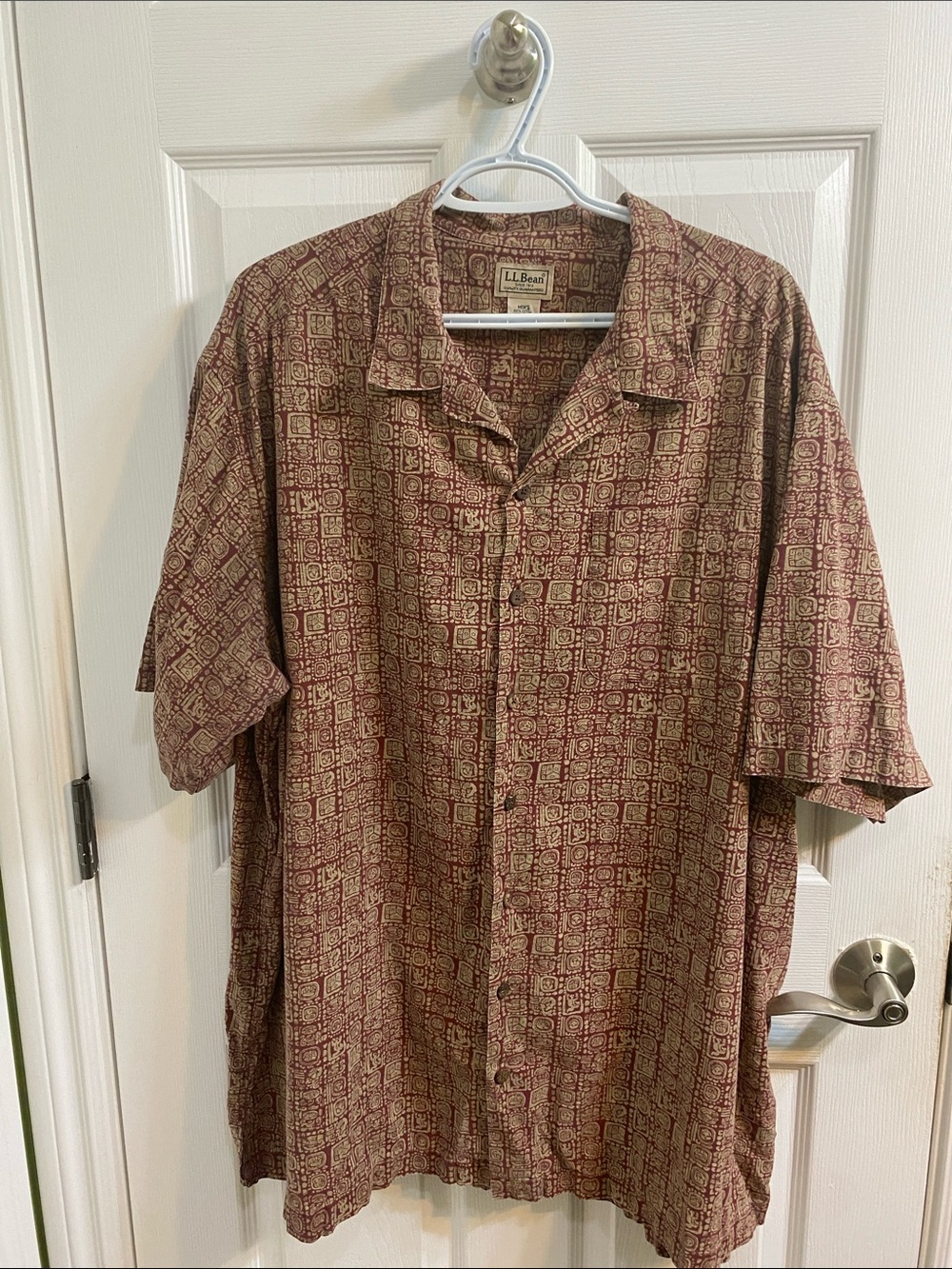 LL BEAN Mayan Aztec Cotton Button Up Shirt Mens XXL Tall Rustic Red Beige Resort